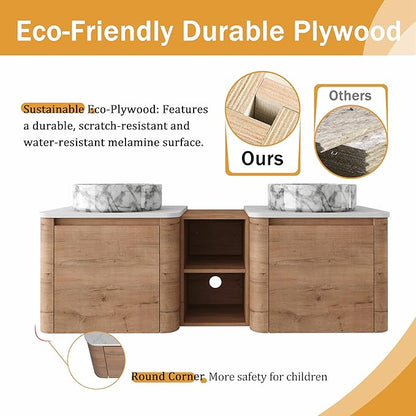 Malwee 60" Floating Bathroom Vanity with Sink, 60 Inch Wall Mounted Bathroom Cabinet Combo, Modern Double Sink Bath Storage Vanity Set, with 2 Soft Close Doors and Ceramic Vessel Basin Top(60-QQ