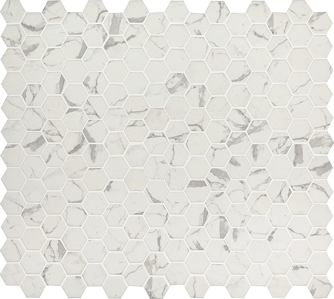 MSI Statuario Celano Hexagon Glass Tile for Kitchen Backsplash, Wall Tile for Bathroom, Accent Wall Tile, and Shower Wall Tile, 12.75 in. x 11.02 in. Mesh-Mounted Mosaic Tile, White