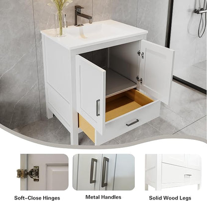36" White Bathroom Vanity Base Only – Freestanding Solid Wood Sink Cabinet with Bottom Drawer, Shaker Style Storage, No Top or Sink, 36" W x 21" D x 34.5" H