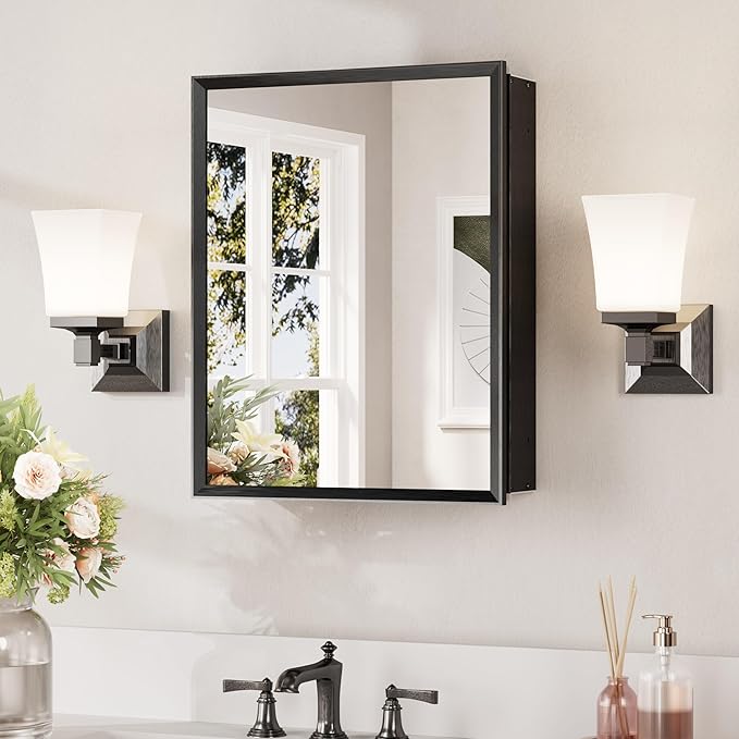 Keonjinn Small Medicine Cabinet Mirror 14" x 18", Assembly Needed, Black Bathroom Medicine Cabinet with Mirror, Beveled Framed, Stepless Adjustable Shelf, One Shelf Only, Wall-Mounted or Recessed