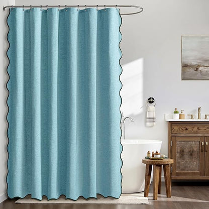 MIULEE 72"x84" Extra Long Scalloped Linen Shower Curtain Teal | Linen Textured, Waterproof, Washable, 12 Metal Hooks, Heavy Duty Cloth, Black Border, Shower Curtain for Bathroom Bathtub