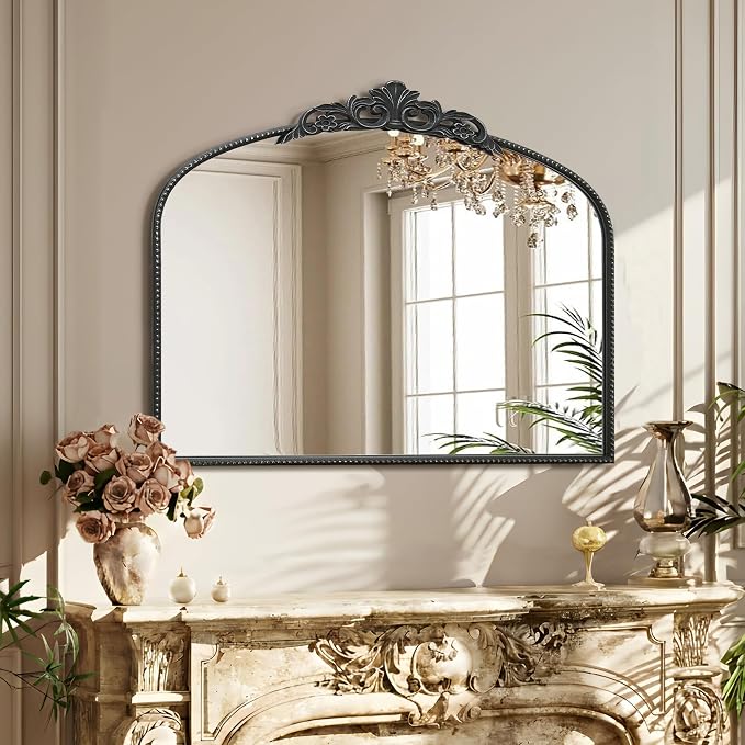 Micasso Vintage Black Wall Mirror: 40"x29" Baroque Antique Arched Mirror | Traditional Ornate French Decorative Mirror for Bedroom/Bathroom/Fireplace/Entryway/Hallway/Dresser/Vanity/Mantel/Nightstand