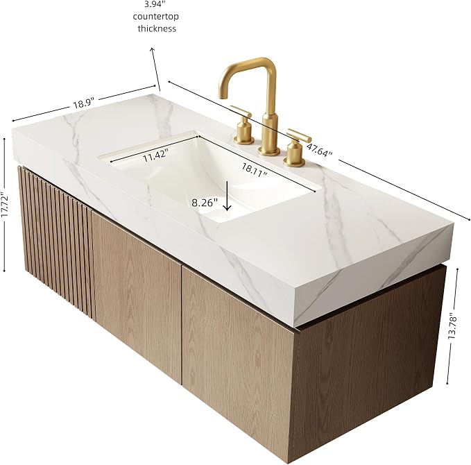 KEIKI 48 Inch Floating Bathroom Vanity with Sink, Light Brown & White | Modern Wall Mounted Storage Cabinet w/ Drawer & Door, Pre-assembled Wood Panels, Sintered Stone Top & Ceramic Basin Combo Set