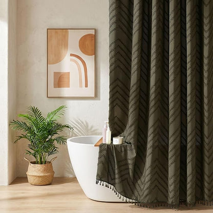 Siiluminisoy Extra Long Olive Green Boho Shower Curtain with Tassel, Woven Fabric 84 in Shower Curtain, Tufted Chevron Striped, 72 x 84, Modern Chic Textured Minimalist Bathroom Shower