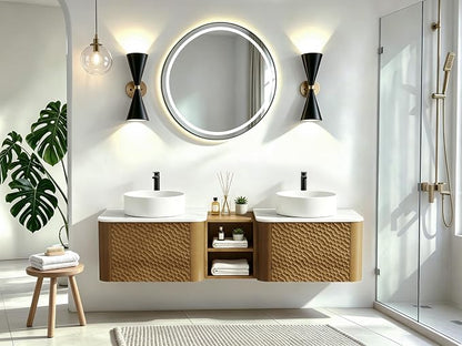 60 Inch Double Vanity with Sink Set, Floating Bathroom Sink Cabinet with Sintered Stone Top&Solid Wood Hammered Frame, Double Bathroom Vanities w/Soft-Close Drawers&1 Side Open Cube