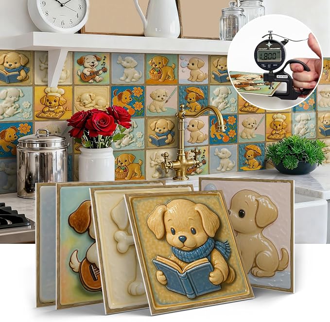 Easy Peel Stick wall Tile Stickers 6x6in Stick on backsplash Tiles,12Pcs | removable 3D tile for kitchen RV bathroom laundry backsplash decor,Ultra-high-definition printed puppy pattern