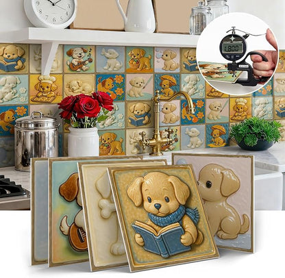 Easy Peel Stick wall Tile Stickers 6x6in Stick on backsplash Tiles,12Pcs | removable 3D tile for kitchen RV bathroom laundry backsplash decor,Ultra-high-definition printed puppy pattern