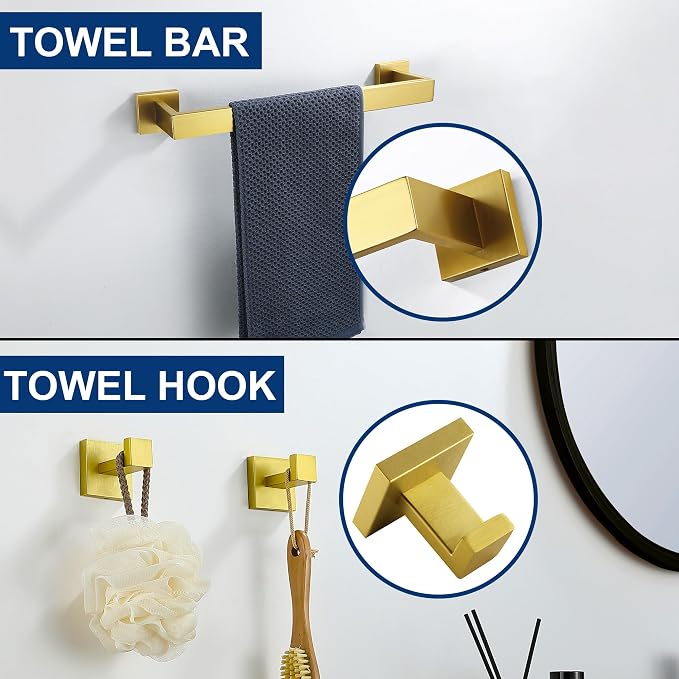 5 Pieces Bathroom Hardware Accessories Set Brushed Gold, 16Inch Bathroom Towel Rack Set SUS304 Stainless Steel, Square Bath Towel bar Set Heavy Duty, Wall Mounted