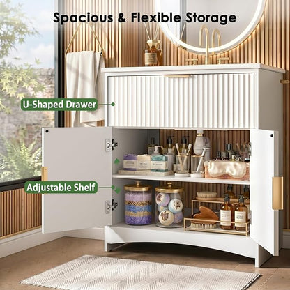 Marsail 30 Inch Bathroom Vanity with Sink, Wood Bathroom Vanities Modern Fluted Vanity Bathroom Cabinet with Drawer, Freestanding Ceramic Vanity Sinks for Bathrooms, Classic White