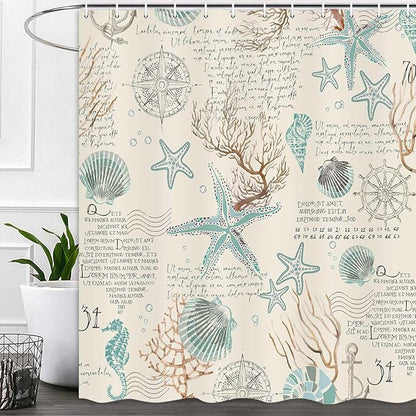 Nautical Coastal Beach Shower Curtain, Coral Starfish Seashell Ocean Bathroom Curtains, Fun Kids Bathroom Shower Curtain with Hooks Set 72 x 72 Inch