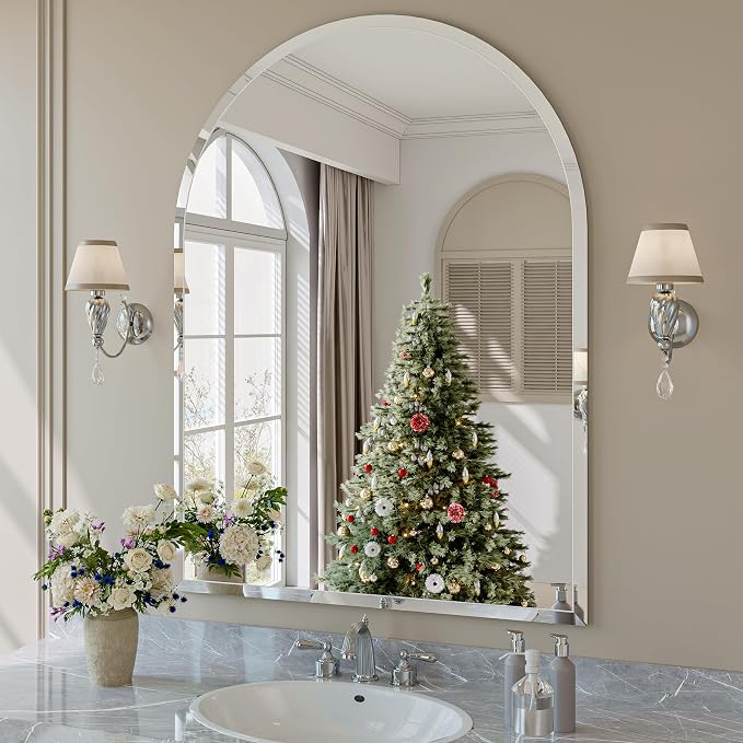 Frameless Bathroom Mirror, 40"x30" Beveled Arched Vanity Mirrors | Frameless, 15mm beveled edge, 5mm HD glass, shatterproof, anti-rust, french cleat, for bathroom/bedroom/entryway