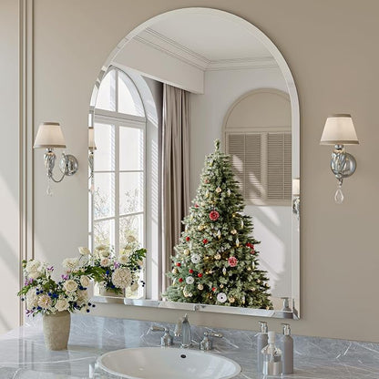 Frameless Bathroom Mirror, 40"x30" Beveled Arched Vanity Mirrors | Frameless, 15mm beveled edge, 5mm HD glass, shatterproof, anti-rust, french cleat, for bathroom/bedroom/entryway