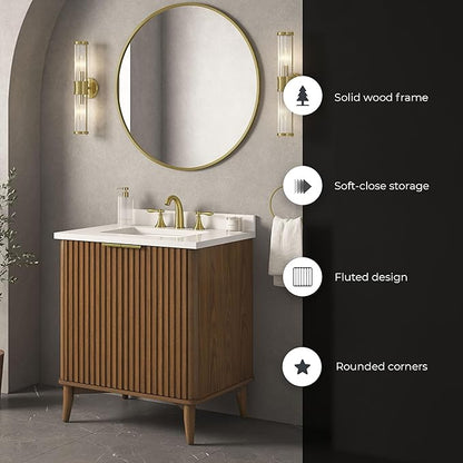 OVE Decors Indy 30 in. Undermount Single Sink Bathroom Vanity with White Engineered Marble Top, Warm Walnut