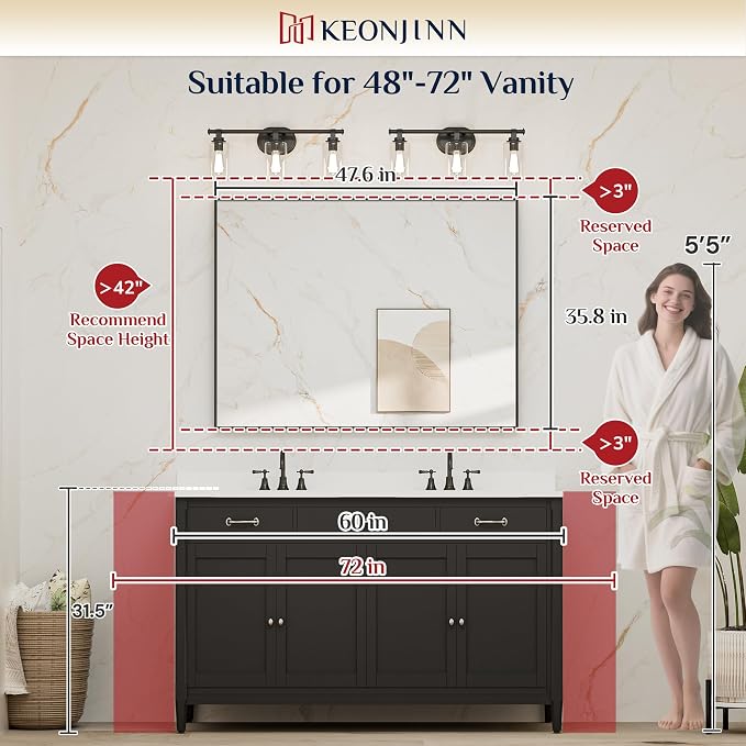 Keonjinn 48x36 Inch Black Bathroom Mirror for Over Sink, HD Tempered Glass | Rectangular, Vanity Mirror, Brushed Framed, Square Corner, Modern Farmhouse, Wall Mounted Mirrors, Aluminum Alloy