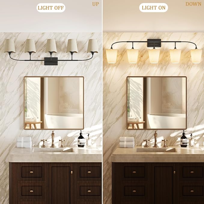 Morauroral Bathroom Light Fixtures Over Mirror, 5 Light Vanity Light for Bathroom, Black Vanity Light Fixtures with Fabric Linen Shade, E26 Socket Sconce Wall Decor(ETL Listed)