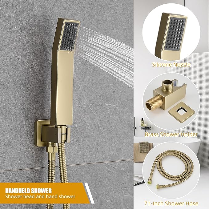 Modern Shower Faucet with 10 Inch Rain Shower head Shower System and Handheld Shower Combo,2-Function Shower Fixtures Included Shower Trim Kit (Brush Gold)