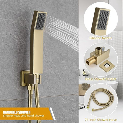 Modern Shower Faucet with 10 Inch Rain Shower head Shower System and Handheld Shower Combo,2-Function Shower Fixtures Included Shower Trim Kit (Brush Gold)