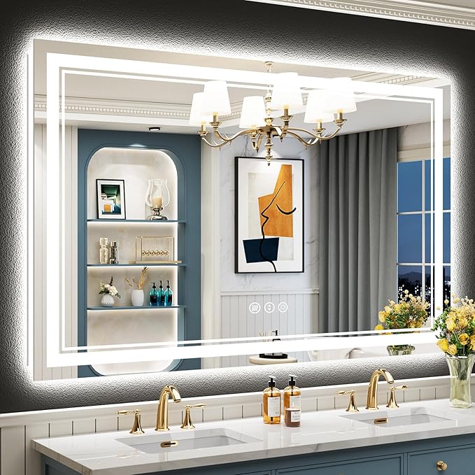 55x40 LED Bathroom Mirror with Lights, Backlit and Front Lit Anti-Fog Lighted Vanity Mirrors for Bathroom Wall, Dimmable, 3-Color Light, Memory, Shatter-Proof, HD Tempered Glass, CRI＞90