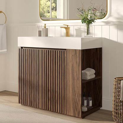 36" Bathroom Vanity with Sink, Freestanding Single Sink Bathroom Vanity with White Engineered Stone Top & Open Side Storage, Soft-Closing Doors with Adjustable Shelf, Walnut