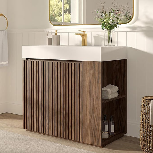 36" Bathroom Vanity with Sink, Freestanding Single Sink Bathroom Vanity with White Engineered Stone Top & Open Side Storage, Soft-Closing Doors with Adjustable Shelf, Walnut