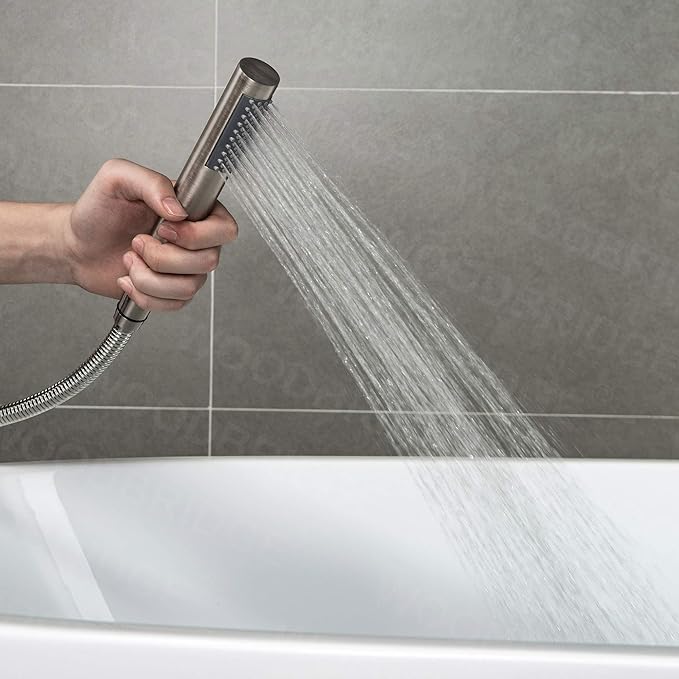 Woodbridge F0001BNRD Contemporary Single Handle Floor Mount Freestanding Tub Filler Faucet with Hand Shower in Brushed Nickel Finish