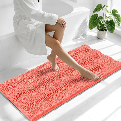 Smiry Thick Chenille Bathroom Runner Rugs 47x24, Absorbent Bath Mat, Coral | Quick‑Dry & Machine Washable, Non‑Slip Bath Carpet, Soft Striped Bath Rugs for Tub & Shower, Modern Home Decor Accessories
