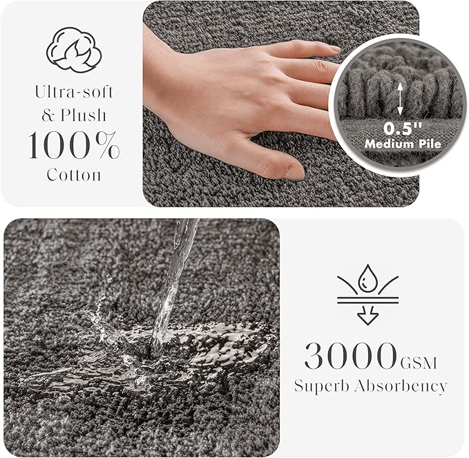 Madison Park Splendor Reversible 100% Cotton Bath Runner 24 x 60 Charcoal | Tufted Bathroom Rug, 3000 GSM, Hotel Quality, Luxurious Plush, Medium Pile, Absorbent, Quick Dry, OEKO-TEX, Shower Room Décor