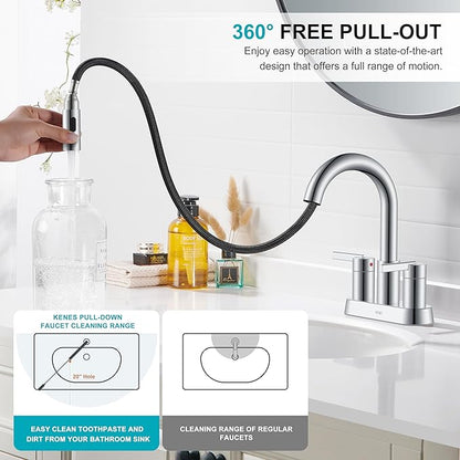 KENES Chrome Centerset Bathroom Faucet with Pull Down Sprayer, 4 Inch 2 Handle Pull Out Bathroom Faucet 3 Hole, Bathroom Sink Faucet with Pop Up Drain & Supply Lines LJ-9069-5