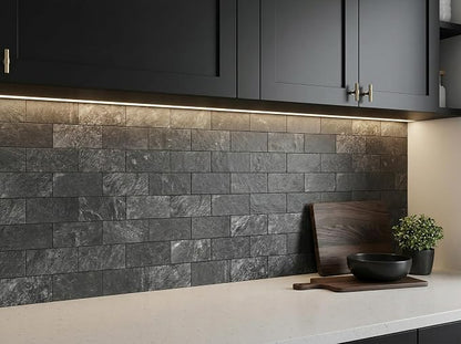 Yipscazo 2025 New Upgrade Peel and Stick backsplash 3 x 6 Inches 3D PVC Composite Wall Tile Stick on Backsplash Tile for Kitchen Bathroom, Laundry Room, Fireplace(Stone Black, 100 Pieces)