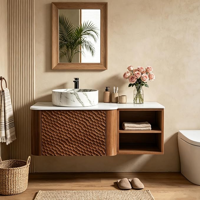 36 Inch Modern Bathroom Vanity with Ceramic Sink, Floating Bathroom Sink Cabinet with Sintered Stone Top&Solid Wood Hammered Frame, Single Bathroom Vanities w/Soft-Close Drawer&Side Open Cube