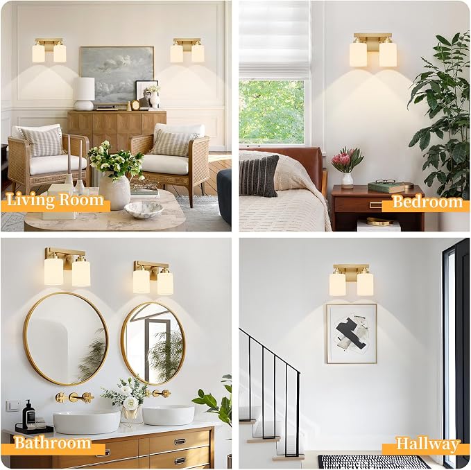 Bathroom Light Fixtures, Vanity Light Over Mirror Gold 2-Light Fixture | Modern bathroom vanity light fixture with metal frame, ideal for mirrors, bedrooms and hallways. Fits E26 bulbs.