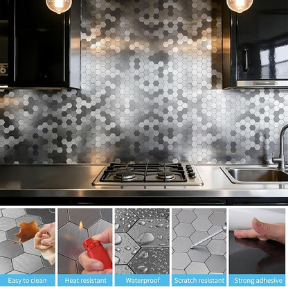 Art3d 10-Pack Metal Peel and Stick Backsplash Tile, Silver Hexagon | 12" x 12", Stainless Steel, Self Adhesive, Anti-Corrosion, Waterproof, Lightweight, Ideal for Kitchens, Bathrooms