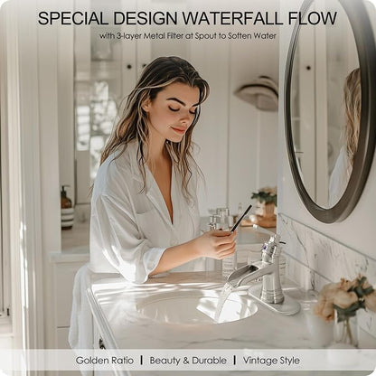 Brass Brushed Nickel Bathroom Faucet 3 Hole 4 Inch Waterfall Bathroom Faucet Single Hole, 1 Handle with Pop-up Drain, Deck Plate, cUPC Supply Pipes for Vanity, Restroom, 5 Mins Quick Install