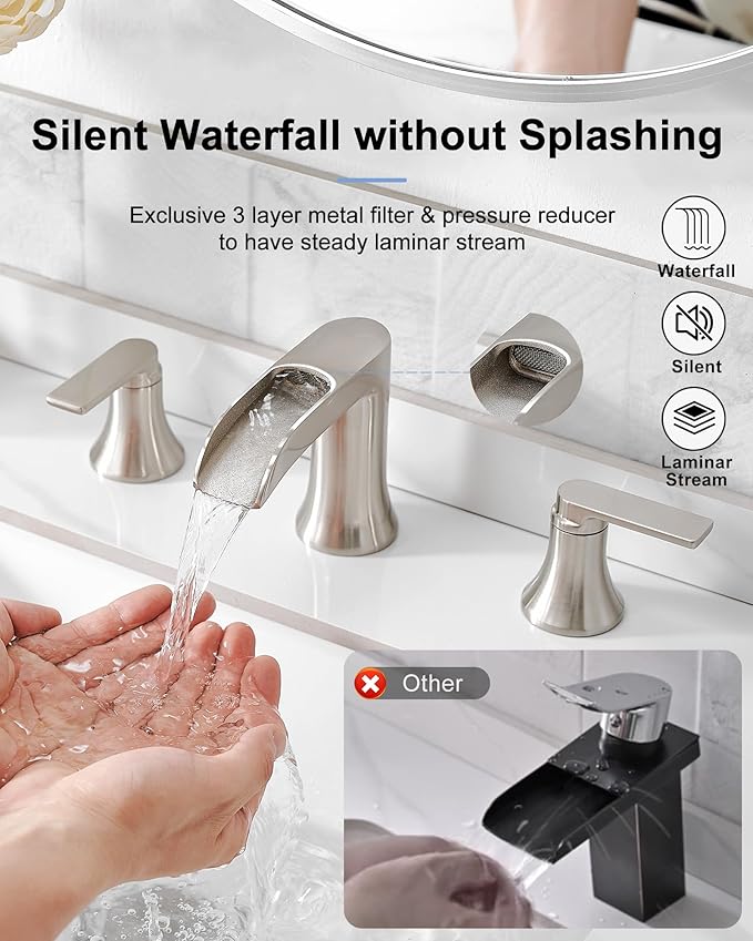 Brushed Nickel Widespread Bathroom Faucet, 2 Handles Waterfall Faucet, Bathroom Faucets for Sink 3 Hole, 8 Inch Solid Brass Bathroom Sink Faucets for Vanity Lavatory Restroom with Pop Up Drain