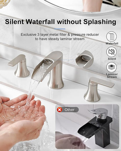Brushed Nickel Widespread Bathroom Faucet, 2 Handles Waterfall Faucet, Bathroom Faucets for Sink 3 Hole, 8 Inch Solid Brass Bathroom Sink Faucets for Vanity Lavatory Restroom with Pop Up Drain