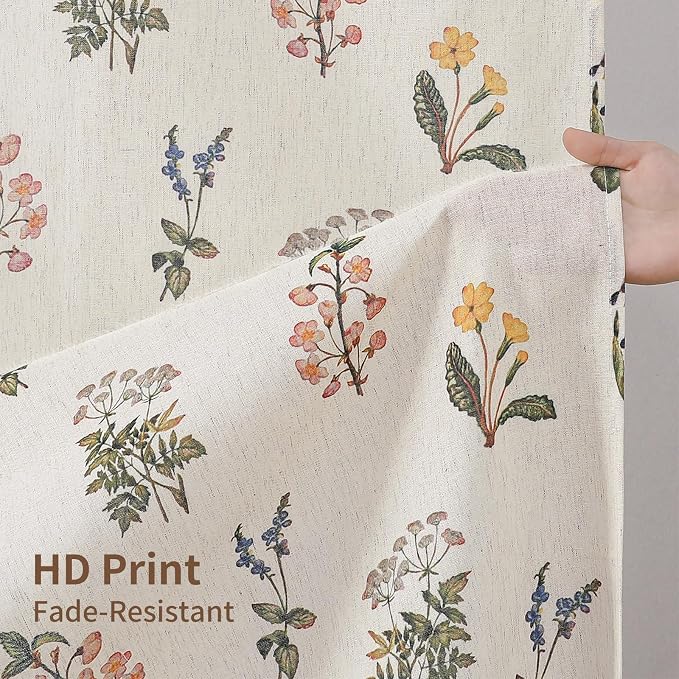 Colorful Star French Country Floral Linen Shower Curtain, 72" W x 84" L | Waterproof Shower Curtain Set with 12 Clear Hooks for Bathroom, Vintage Boho Farmhouse Linen Fabric Bathroom Curtains