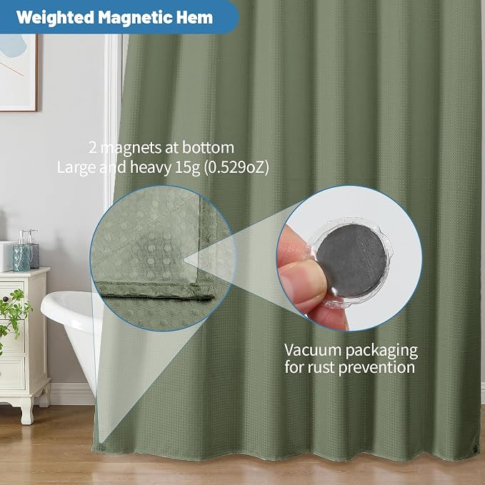 2-in-1 Waterproof Fabric Shower Curtain - No Separate Liner Needed, Hotel-Style Waffle Weave, Effortless Cleaning & Washable Bathroom Shower Curtain Set,72Wx72H,SageGreen