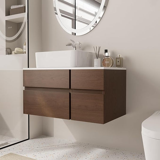 Bathroom Vanity Floating Bathroom Sink Cabinet with Ceramic Vessel Sink Wall Mounted Floating Vanity (Walnut, 31.5W)