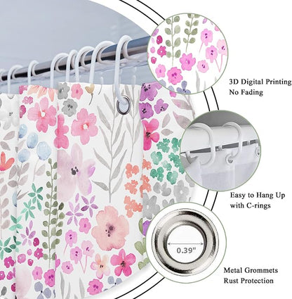 Small Stall Narrow Purple Floral Stand Up Half Bathroom Shower Curtain Set | 72"W x 72"H Single Flowers; waterproof HD print, quick-dry fabric with 12 hooks for easy hanging.