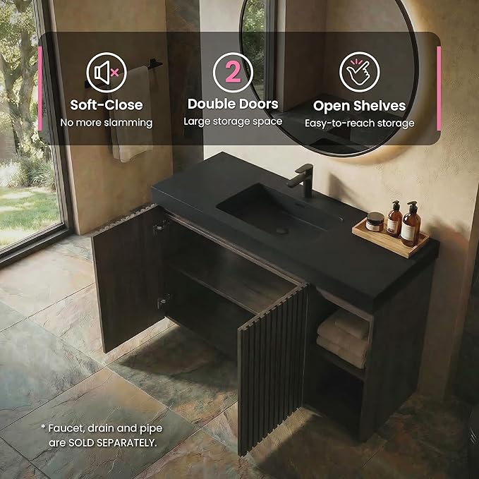 48" Bathroom Vanity with Sink Combo, Mid Century Modern Bathroom Cabinet with Doors & Open Shelf, Matte Black Integrated Sink with Overflow, Dark Grey Oak