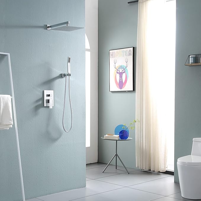 Lordear 10 Inch Shower Head Faucet Wall Mounted Chrome Polished Rainfall Shower System Set Stainless Steel Showerhead with Handheld Combo, Brass Valve Included