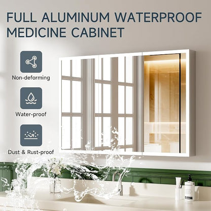 LED Lighted Medicine Cabinet with Mirror, 48x32 Inches, Recessed or Wall Mounted, Anti-Fog, 3 Color Temperature, Adjustable Brightness, Bathroom Storage Cabinet