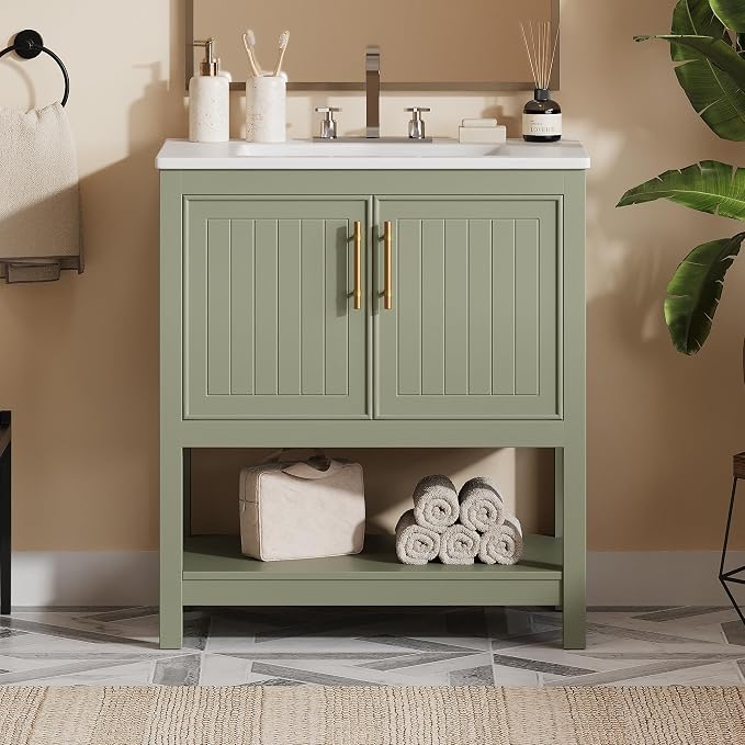 30" Bathroom Vanity with Ceramic Sink,Sink Cabinet w/Soft Closing 2 Doors and Bottom Shelf,Metal Handles,Freestanding Wooden Storage Cabinet,Solid Wood Frame,for Small Space,Green