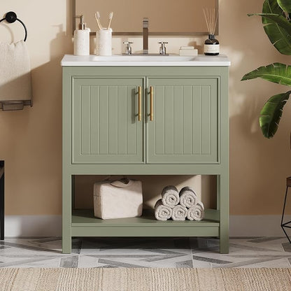 30" Bathroom Vanity with Ceramic Sink,Sink Cabinet w/Soft Closing 2 Doors and Bottom Shelf,Metal Handles,Freestanding Wooden Storage Cabinet,Solid Wood Frame,for Small Space,Green