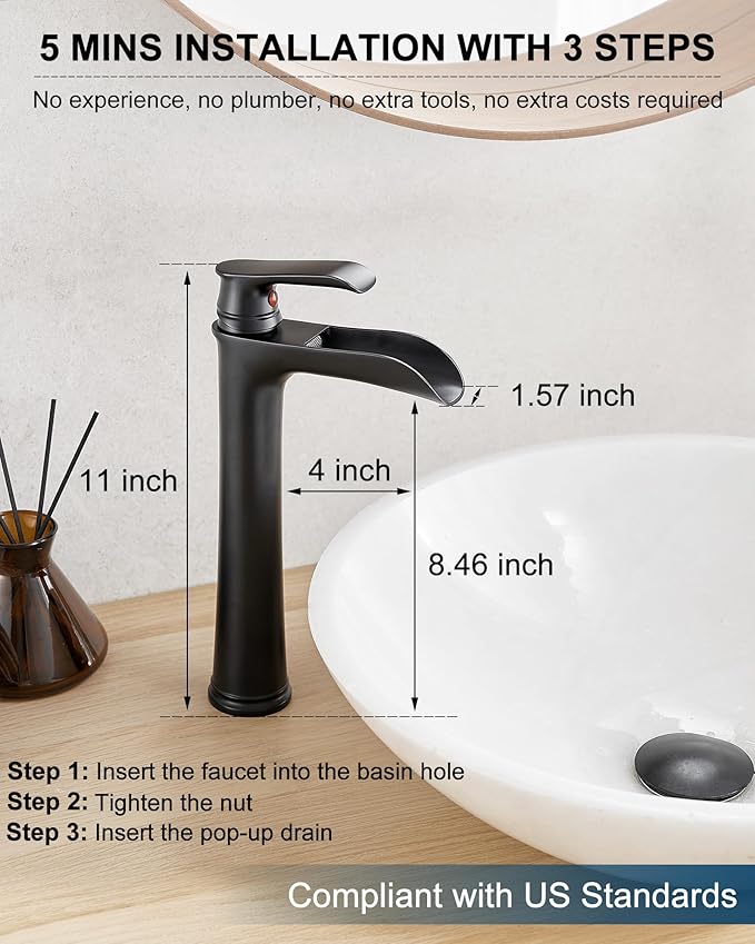 Waterfall Bathroom Sink Faucet, Brass Tall Black Bathroom Faucet Single Handle Vessel Faucet, Bathroom Faucets One Hole Mixer Bowl Tap with Pop-Up Drain Water Hoses for Vanity Lavatory Farmhouse