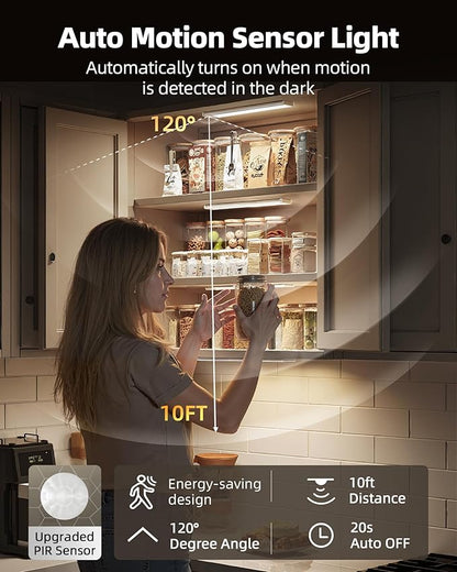 10inch Under Cabinet Lighting Wireless, 3-Pack Rechargeable Battery Motion Sensor Light Indoor, LED Closet Lights USB Charging,3 Color Dimmable Under Cabinet Lights for Kitchen, Cabinet, Wardrobe