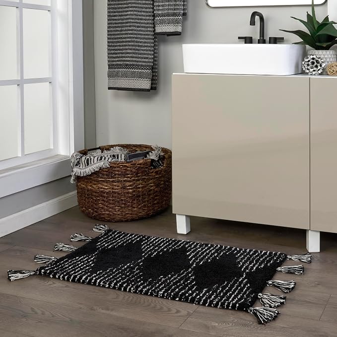 SKL Home Geo Diamond Bath Rug with Tassels, Anti-Slip, 20" x 30", Black | 100% Cotton with Latex backing. Plush & absorbent. Modern boho design works in the bathroom, kitchen or any space.