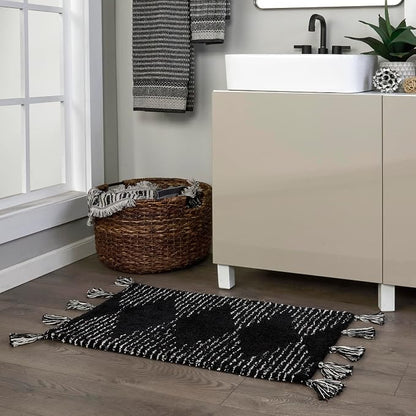 SKL Home Geo Diamond Bath Rug with Tassels, Anti-Slip, 20" x 30", Black | 100% Cotton with Latex backing. Plush & absorbent. Modern boho design works in the bathroom, kitchen or any space.