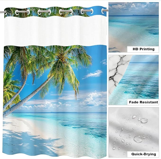 Ocean Summer Beach No Hook Shower Curtain Luxury Tropical Palm Tree Scenic | Nature No Hook Shower Curtain with Snap in Liner, Waterproof Ringless Shower Curtains for Bathroom 72x74 Inch Blue