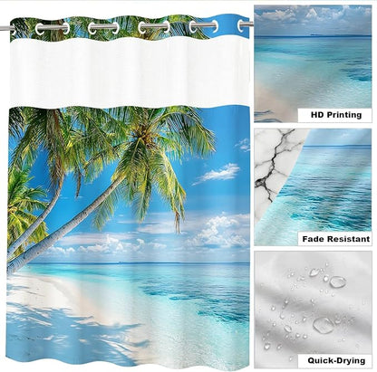 Ocean Summer Beach No Hook Shower Curtain Luxury Tropical Palm Tree Scenic | Nature No Hook Shower Curtain with Snap in Liner, Waterproof Ringless Shower Curtains for Bathroom 72x74 Inch Blue
